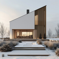 Wall Mural - a modern, minimalist beach house surrounded by sand dunes and tall, windswept grasses. The house features large glass windows that allow for an unobstructed view of the beach and ocean