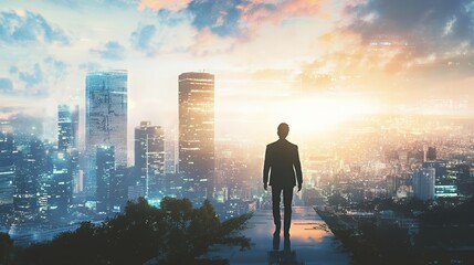 Wall Mural - A silhouetted figure walks towards a vibrant city skyline at sunrise.