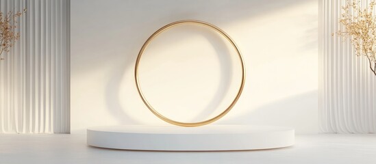 Leinwandbilder - 3D abstract studio space featuring a pedestal podium White and gold geometric platform complemented by a luxury golden circular ring Minimalist setup for showcasing cosmetic products ideal for prom