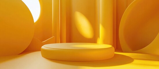 Poster - 3D Render of an Abstract Yellow Composition Featuring a Round Podium Minimalistic Studio Environment with Pedestal and Space for Text Futuristic Interior Background for Displaying Products and Pres