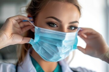 Wall Mural - Female doctor with protective mask Young female doctor putting on protective mask