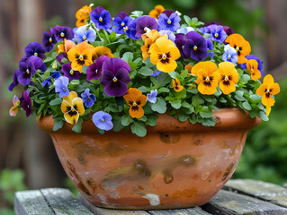 Vibrant pansies blossom in terracotta pot against soft focus background under sunny skies.