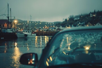 Sticker - a view of a harbor at night from a car window