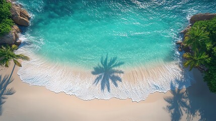 aerial view of palm shadow on white sand turquoise water ripples tropical beach geometry abstract summer composition