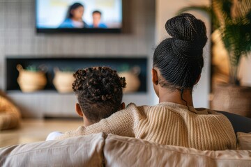 Wall Mural - Rear view of a family watching TV on sofa at home. Back view of a relaxed family watching TV on sofa in the living room.