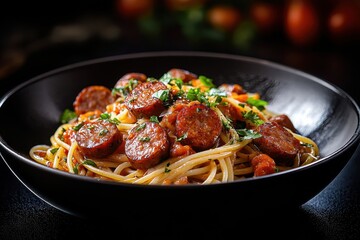 A delicious plate of spaghetti with sausage and herbs, showcasing a tempting food presentation.