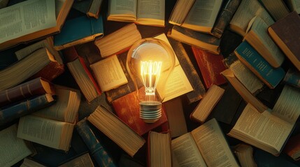 Conceptual light bulb with books surrounding it