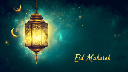 Happy Eid Ul Fitor background Ornamental Arabic lantern glowing. AI generative.	