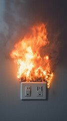 Fire engulfing a power outlet on a wall