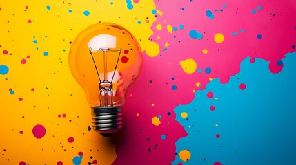 Wall Mural - A glowing light bulb on a colorful splattered background, symbolizing creativity and ideas.