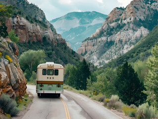 Large tourist bus driving on winding road through lush green mountains under a clear blue sky.