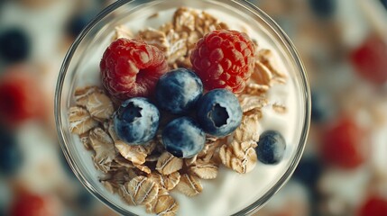 Nutritious Morning Delight - Close-up Top View of Yogurt with Blueberries and Muesli for Healthy Breakfast