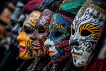 Festival Masks: A close-up of colorful, ornate masks traditionally worn during Hispanic festivals, with intricate designs and vibrant colors