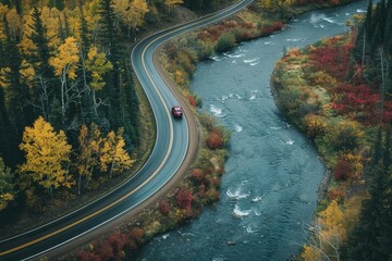 Wall Mural - a car driving down a winding road next to a river