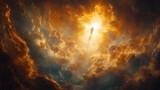 Fototapeta Kosmos - A dramatic portrayal of Jesus Christ return to the heavenly throne, with radiant light and ethereal clouds enhancing the divine and prophetic nature of the scene.