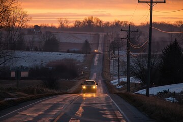 Wall Mural - a car driving down a road at sunset