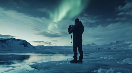 Wall Mural - A Man Standing on the Ice of an Icy Lake with His Camera
