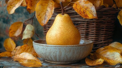 Wall Mural - A pear sits in a bowl surrounded by autumn leaves and a woven basket.