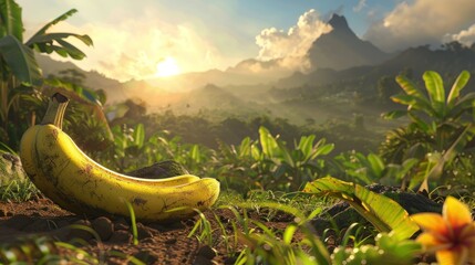 Sticker - Ripe bananas on a tropical jungle floor with mountains and sunset in the distance.