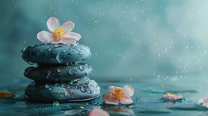 Zen Stones and Plumeria Flowers on a Teal Background