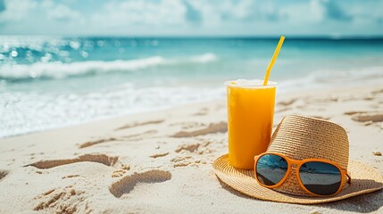 Wall Mural - A refreshing drink on a beach with sunglasses and a hat, perfect for relaxation.