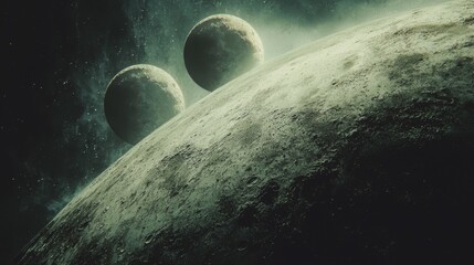 Wall Mural - twin moons : detailed view of a planet with two moons, both casting shadows on the planet's surface