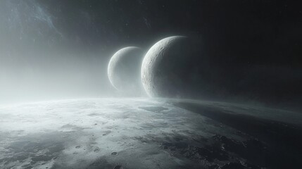 Wall Mural - twin moons : detailed view of a planet with two moons, both casting shadows on the planet's surface