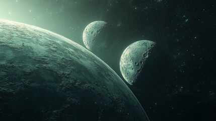 Wall Mural - Twin Moons : Detailed view of a planet with two moons, both casting shadows on the planet's surface