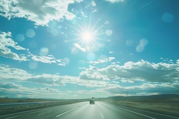 a truck driving down a highway under a blue sky