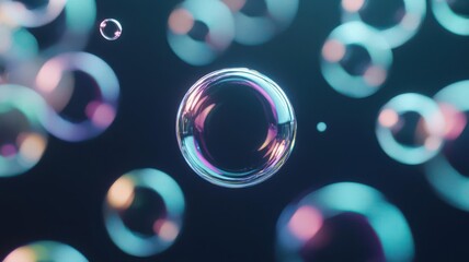 Glowing rainbow-colored bubbles floating in a dark space, playful glowtime, joyful and whimsical