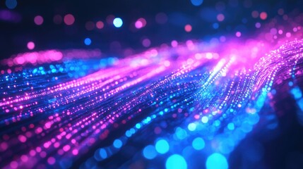 3D rendering of an abstract background featuring glowing pink and blue neon lines in ultraviolet light complemented by bokeh lights representing a data transfer theme in a digital futuristic style