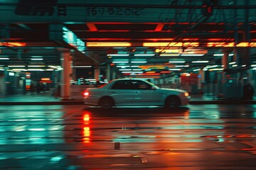 Sticker - a white car driving down a street at night