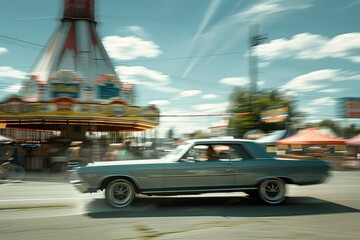 Wall Mural - a car driving down a street next to a carnival ride