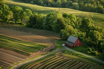 Wall Mural - an aerial view of a farm with a red barn