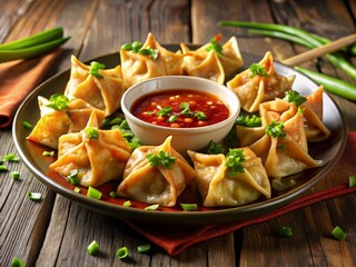 1. A plate of steaming hot Crab Rangoon, garnished with green onions and served with a side of sweet chili sauce, a realistic photo image.