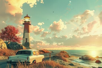 Wall Mural - a car parked on the side of a road next to a light house