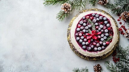 Wall Mural - Festive Christmas Blueberry Cake with Fir Branches on White Background, Winter Holiday Dessert Table Setting, Top View Flat Lay Concept