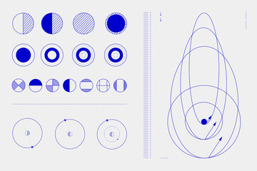 Geometric shapes, including circles, lines, and arcs, arranged in a grid-like pattern. Circular diagrams. Science. Modern aesthetics, minimalist art. Vector design for creative cover, poster and ad