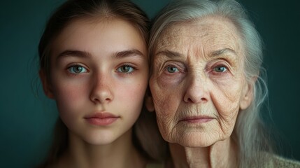 Young woman and her elderly mother take care of their skin and look great,Two generations,Beautiful middle aged mother and her adult daughter,skincare and Aging concept,Comparison of young and old.