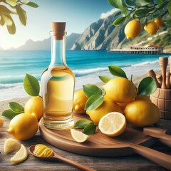 Wall Mural - Limoncello liqueur in a glass bottle and ripe yellow lemons on the background.