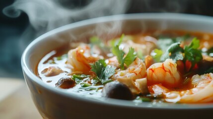 Wall Mural - A close-up of a traditional Thai Tom Yum Goong soup with shrimp, mushrooms, and herbs, with steam rising from the bowl, emphasizing its spicy and aromatic qualities.