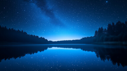 beautiful night sky with stars over a lake and forest landscape with the reflection in the water tra