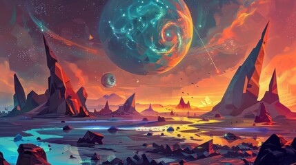 Wall Mural - Abstract Landscape with Planets and Stars.