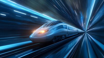 Wall Mural - a futuristic train speeds through a glowing tunnel, emitting bright light trails and creating a sens