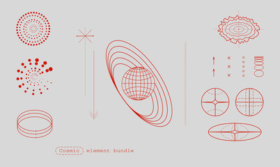 Geometric shapes and patterns related to cosmic elements, sphere representing planet and various lines, curves symbolizing celestial bodies. Science. Modern aesthetics, minimalist art. Vector design