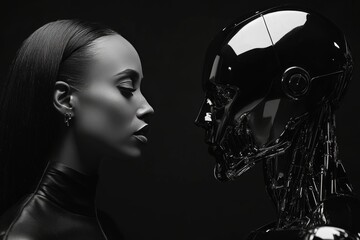 Canvas Print - A woman and a humanoid robot face each other symbolizing the convergence of human and artificial intelligence reflecting the future relationship between technology and humanity