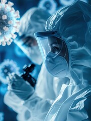 Poster - Two medical professionals in protective suits study viruses through a microscope, emphasizing their role in disease management and research efforts. Generative AI