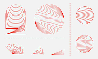 Series of red geometric shapes, including curved lines, circles, and rays, arranged in a grid-like pattern. Science. Modern aesthetics, minimalist art. Vector design for creative cover, poster and ad