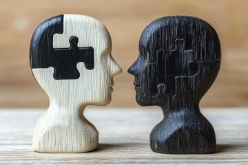 Two stylized black and white puzzle heads facing each other symbolize the contrast and complexity of human relationships highlighting the ongoing challenge of connection and understanding