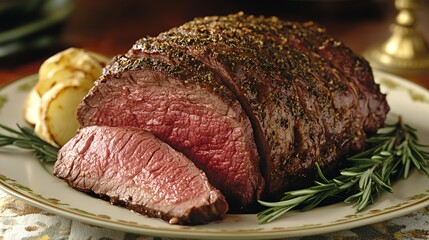 Wall Mural - A beautifully cooked roast beef served with herbs and potatoes on a decorative plate.